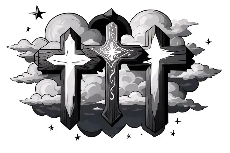 Three Crosses With Clouds And Stars