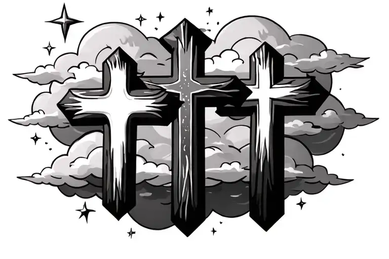 Three Crosses With Clouds And Stars