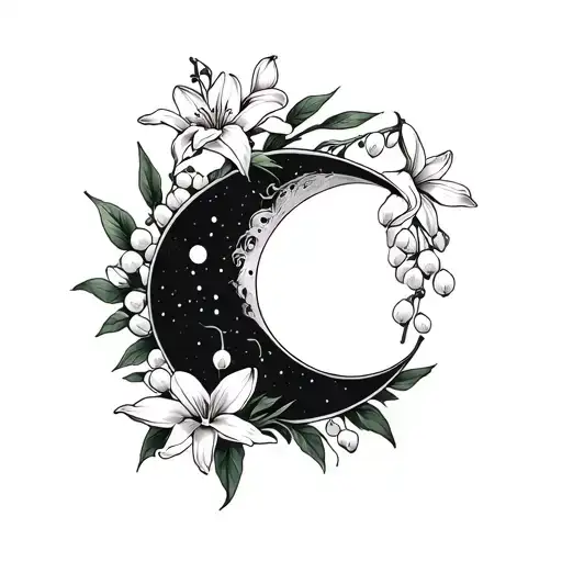 Waxing And Waning Crescent Moon Surrounded By Lily Of The Valley And Hawthorn Flowers