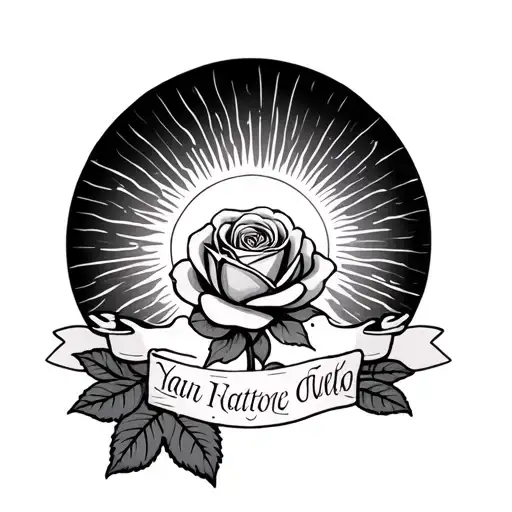 Rising Sun Tattoo With Rose And Child's Name On The Arm And Forearm