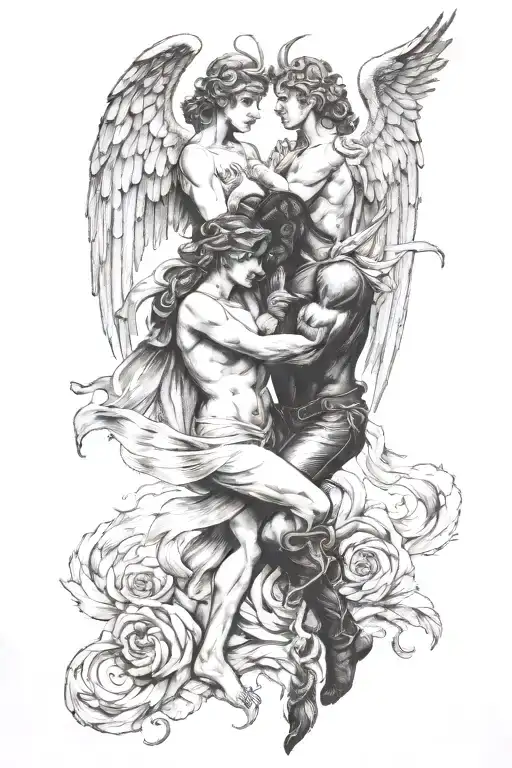 Angel And Devil Fighting Each Other While Holding Hands