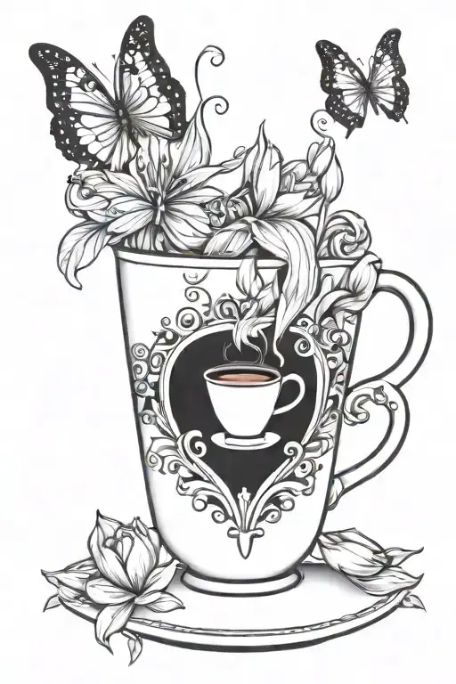 Coffee Cup With Tulips In It And A Butterfly Flying Around