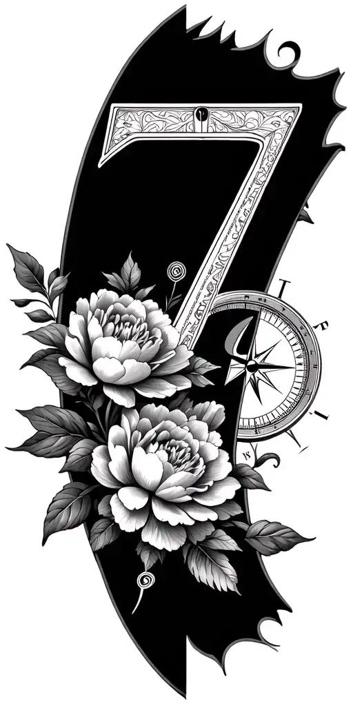 Compass The Number 7 And Peony Flowers
