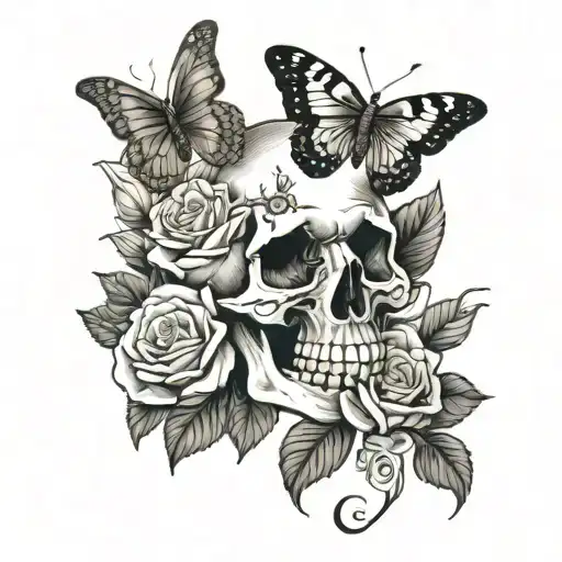 Butterfly And Skull With Roses