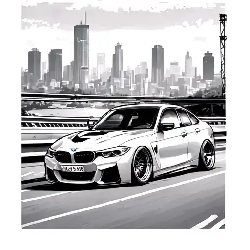 Bmw Parked On The Side Of A Highway Leading Towards City With Sunsetting