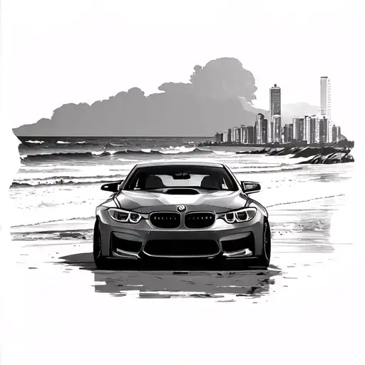 Bmw Parked On The Beach Towards City With Sunsetting