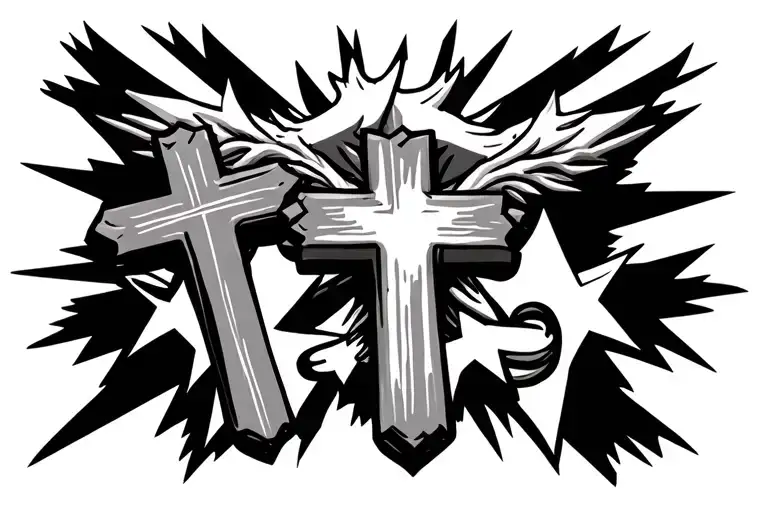 Three Crosses With Stars In Background Black And White