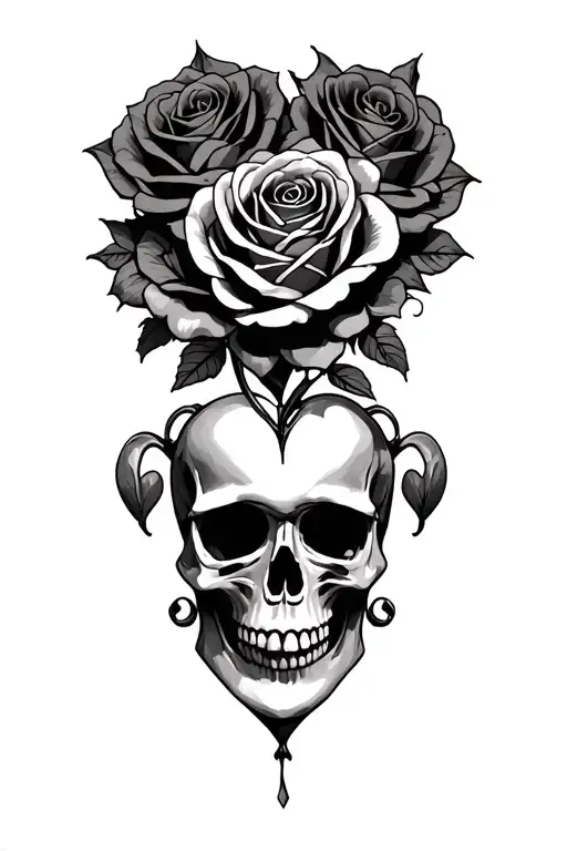 Black Skull And Roses Intertwined Hearts