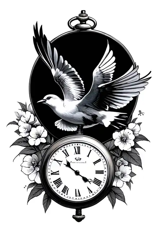 Pocket Watch And Swallow Bird Flying