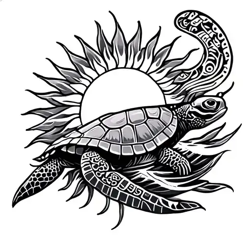 Forearm Tattoo Of Tribal Sun Waves And Turtle