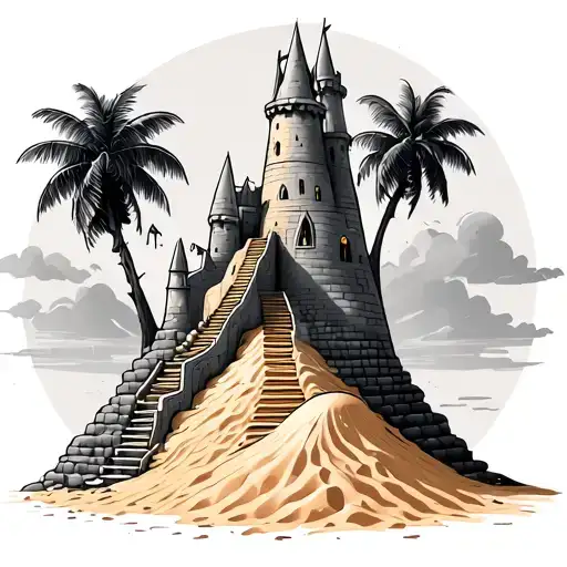 Tall Sand Castle With Stairs On Pile Of Sand
