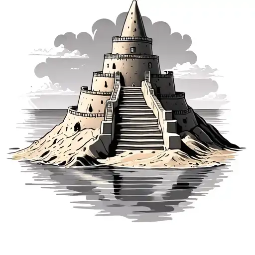 Big Sand Castle With Stairs On Pile Of Sand With Calm Water