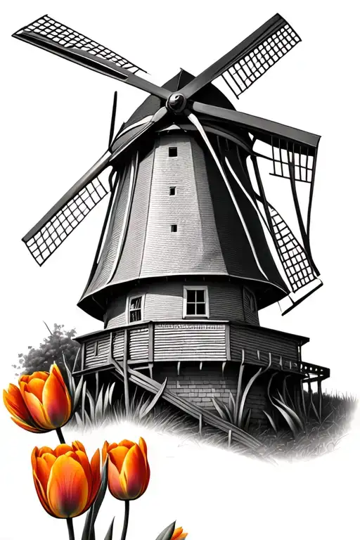 Dutch Windmill With Orange Tulips At Base