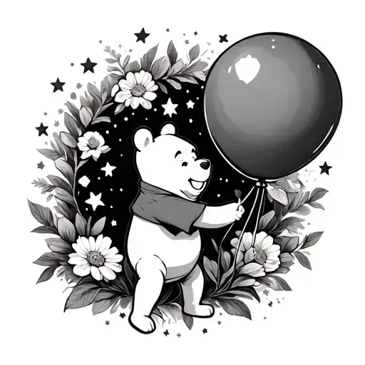 Winnie The Pooh Holding A Balloon Surrounded By Stars And Flowers