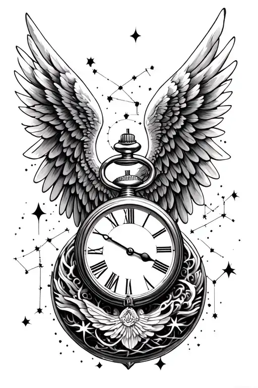 Angel Wings Pocket Watch Surrounded By Constellations