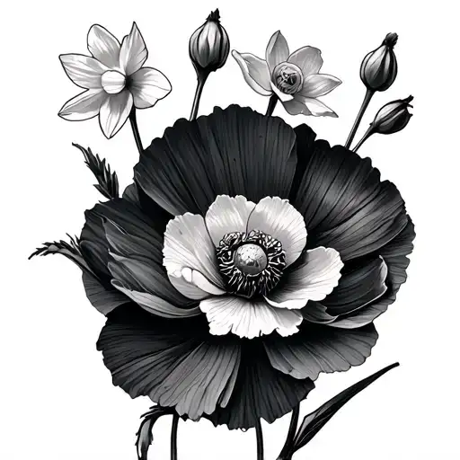 Poppy And Cosmo And Narcissus Flower