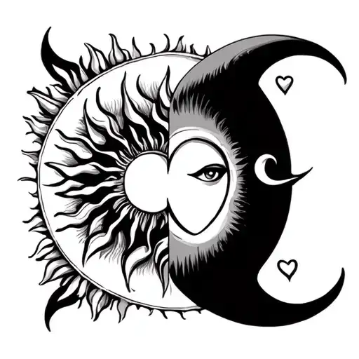 American Traditional Tattoo Of Sun And Moon Together And They Have Heart On They Cheaks