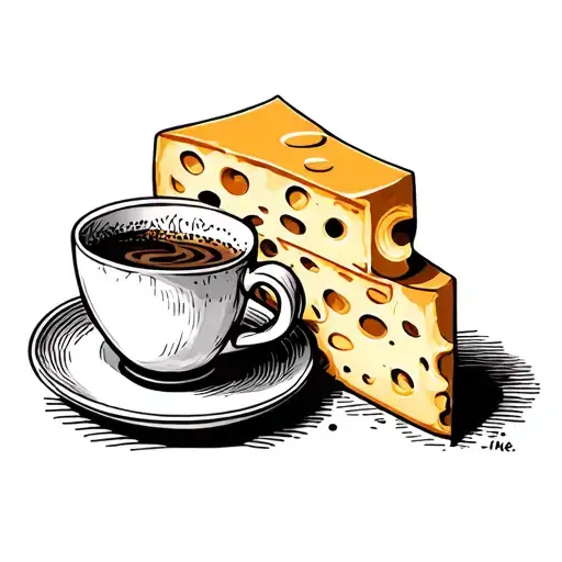 Cheese And Cup Of Coffee With Dotted Line Between Love