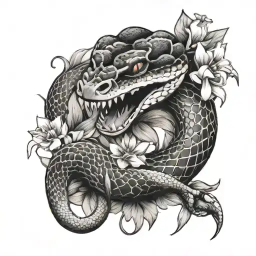 Snake Showing Fangs Around Flowers