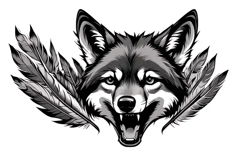 Coyote Head Open Mouth Surrounded By Feathers