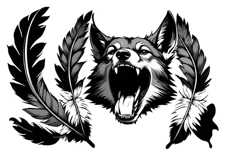 Traditional Old School Coyote Head Open Mouth Surrounded By Feathers