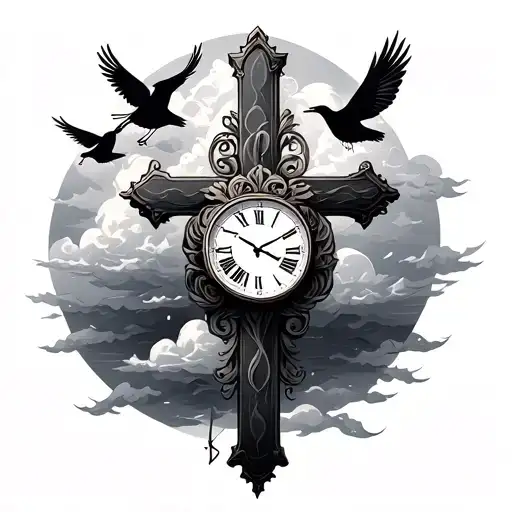 Cross With Clouds And Birds With A Clock