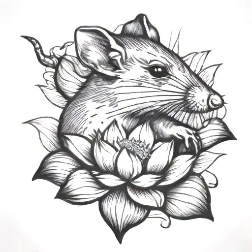 Rat Sitting On Lotus Flower