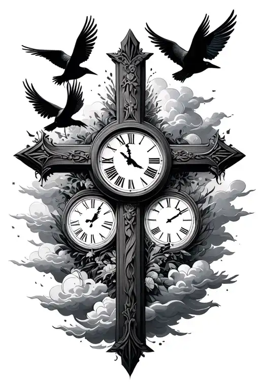 Cross With Clouds And Birds With A Clock