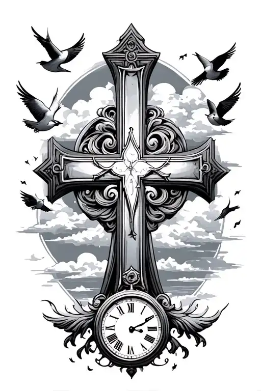 Cross With Clouds And Birds With A Clock At The Bottom