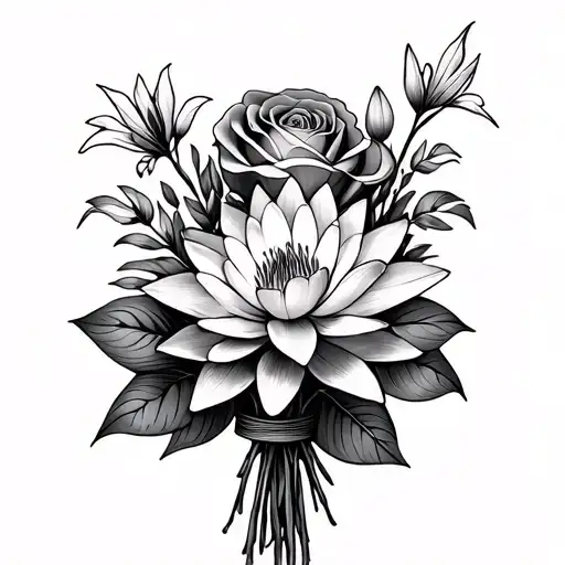 Water Lily Rose And Lily Bouquet With Banner Wrapped