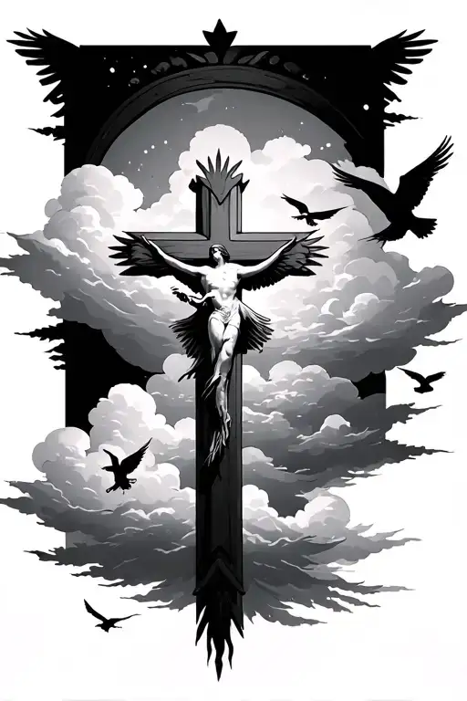 Cross With Clouds And Birds Flying