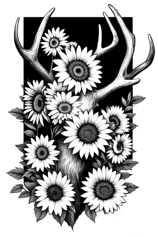 Deer Antler With Daisies And Sunflowers