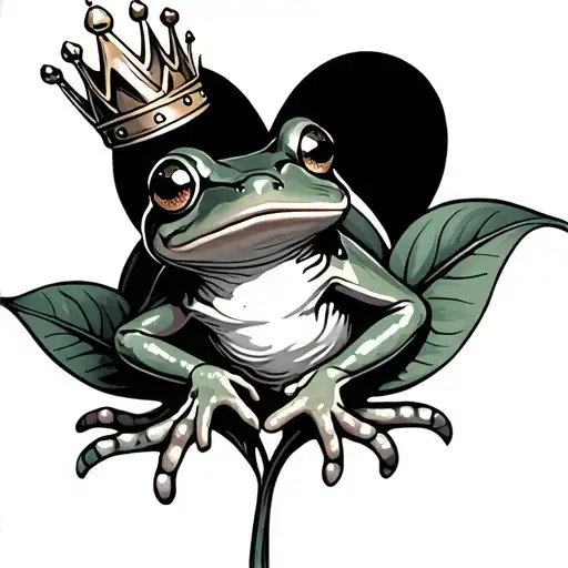 A Frog With A Crown Hugging A Heart-shaped Leaf Intertwined