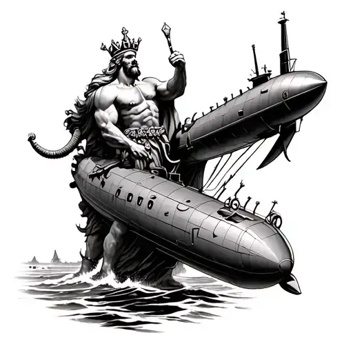 King Neptune Holding Submarine Being Attacked