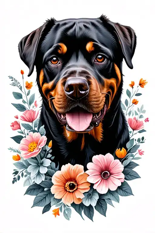 Caravan With Flowers And Rottweiler Surrounded