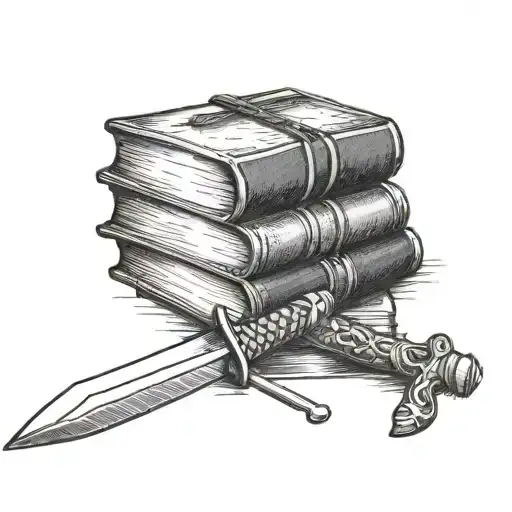 Stack Of Books With The Last One Opening Downward Pointing Sword