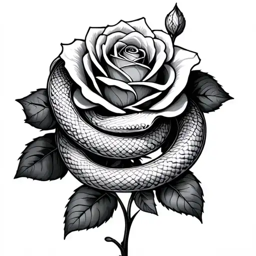 Two Snakes Wrapped Around A Rose Intertwined