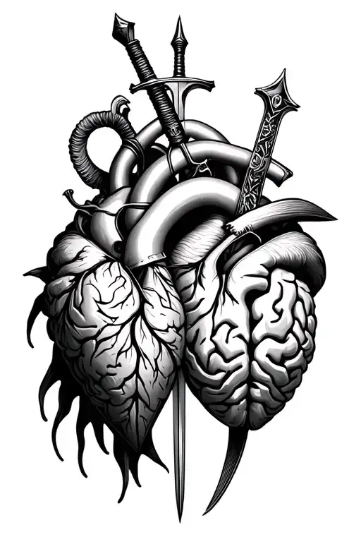 Fine Line Sword Heart And Brain Intertwined Within