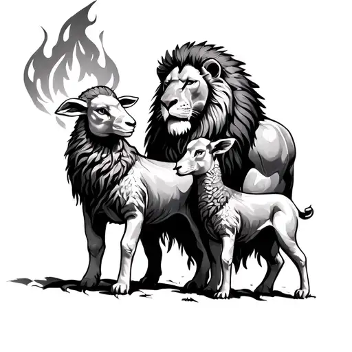 Lion Spartan And Fire Protecting Two Lambs