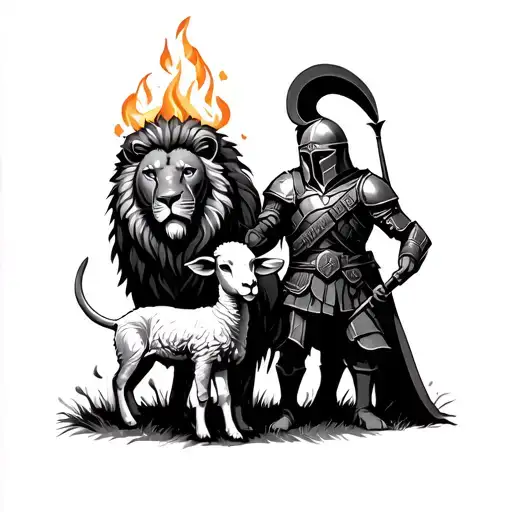 Lion And Spartan Soldier And Fire Protecting Two Lambs