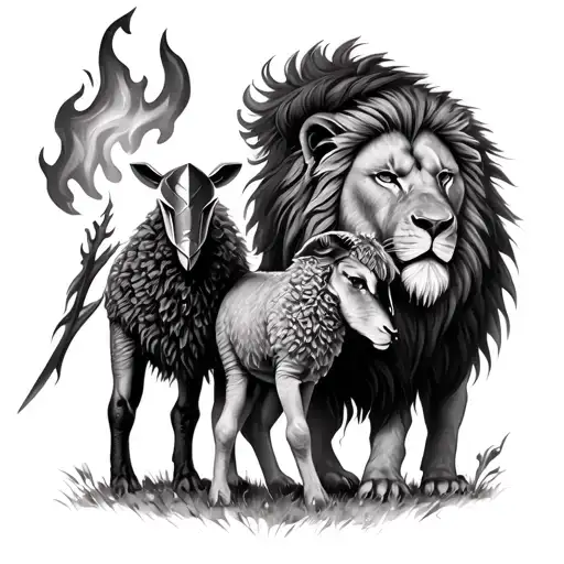 Lion And Spartan Soldier And Fire Protecting Two Lambs Very Realistic