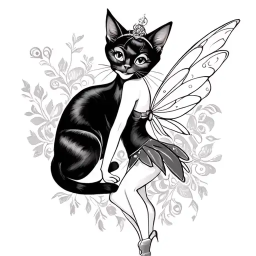 Black And White Tattoos Of A Black Cat And Tinker Bell