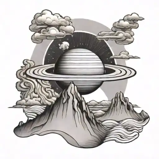 Saturn With Moutain And Sea Wave