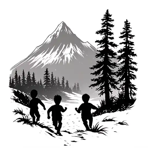 Silhouette Of Little Boys Moving Forward In The Forest Beach Mountain