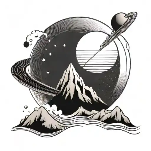 Saturn With Moutain And Sea Wave Minimal