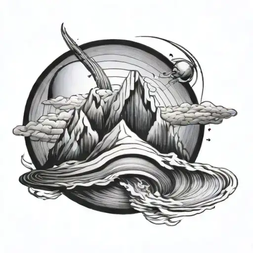 Saturn With Moutain And Sea Wave Inside Minimal