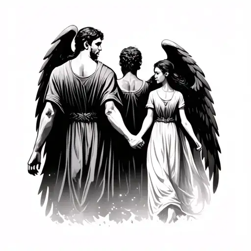 Male Gaurdian Angel Daughter Walking Holding Hands From Behind