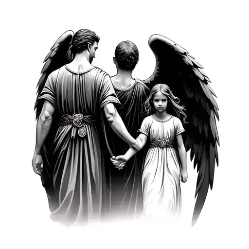 Male Gaurdian Angel Small Daughter Walking Holding Hands From Behind