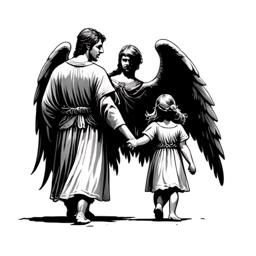 Male Gaurdian Angel Small Daughter Walking Holding Hands From Behind
