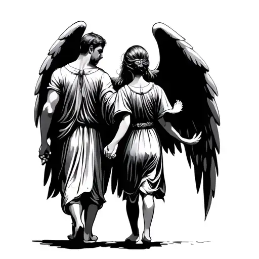 Male Gaurdian Angel Small Daughter Walking Holding Hands From Behind
